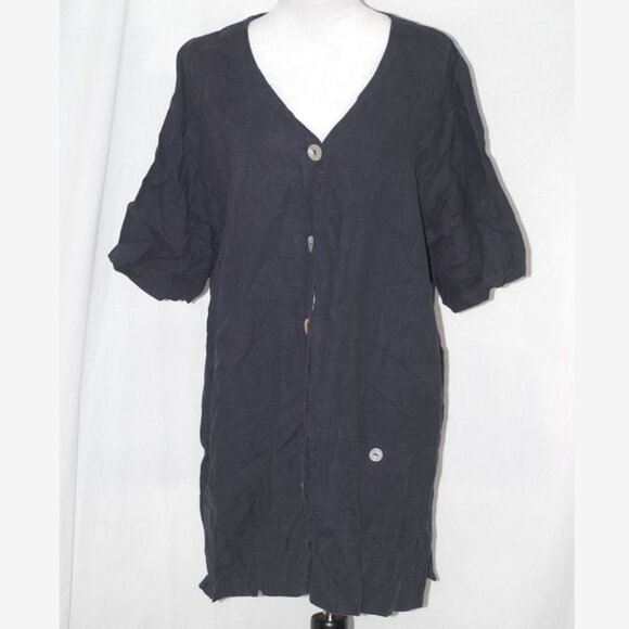 LNC 100% Linen Shirt Made in USA Ferr Brattek Womens 2X Top Dark Blue Iridescent - Picture 1 of 3